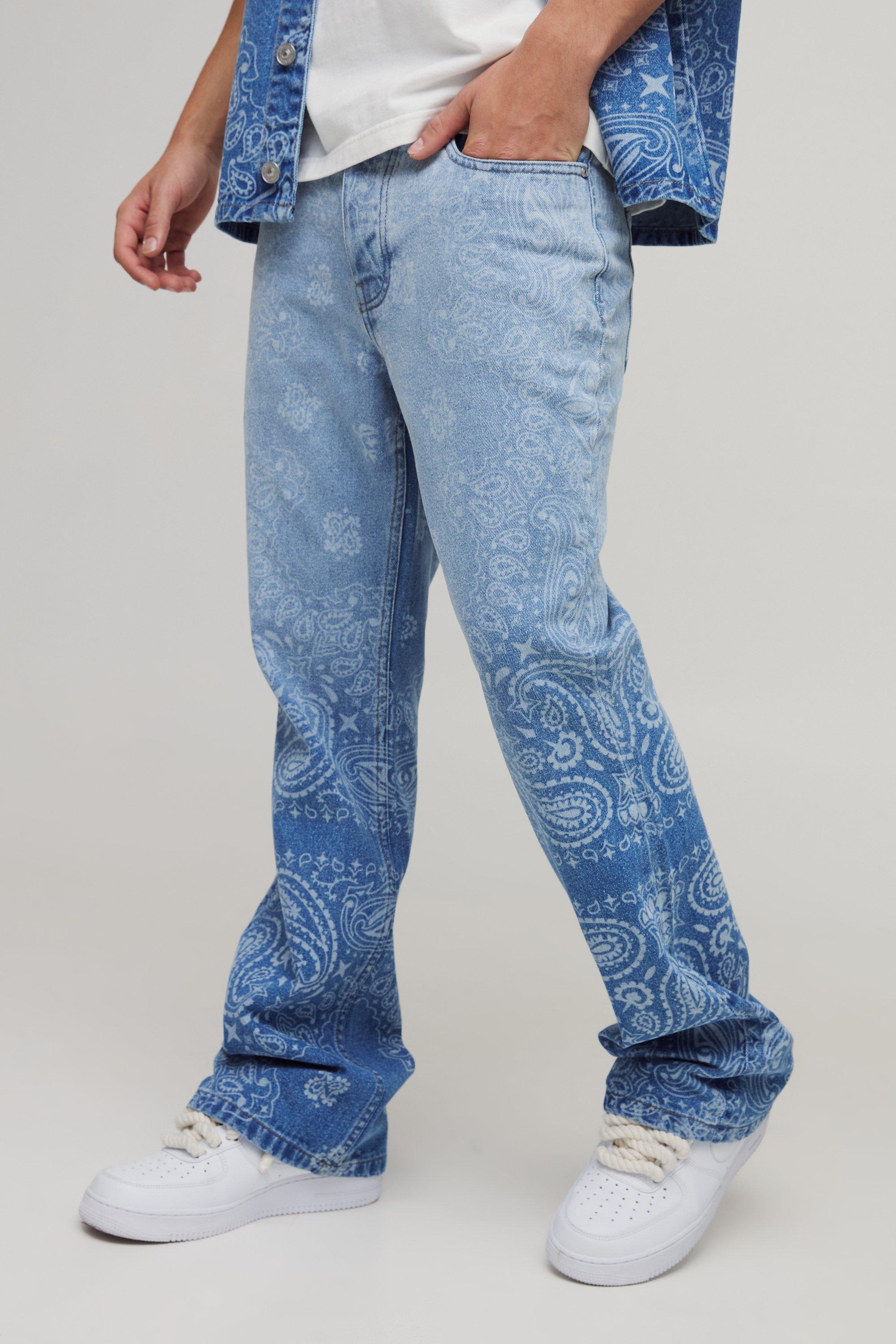 Mens Blue Slim Flared Bandana Laser Print Jeans, Blue